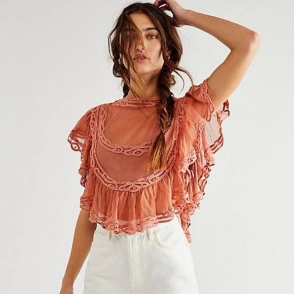 Free People Tops - FREE PEOPLE I’m Pretty Ok Sheer Ruffled Lace Crop Top SZ M NEW!!!